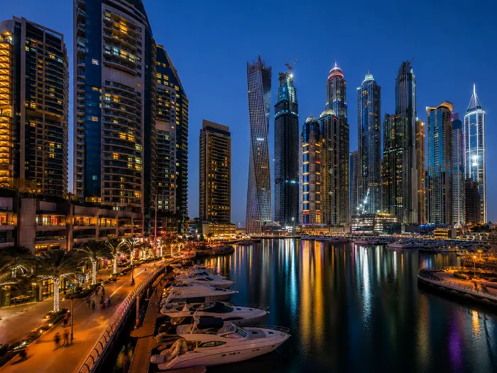 Dubai Marina waterfront towers at sunset