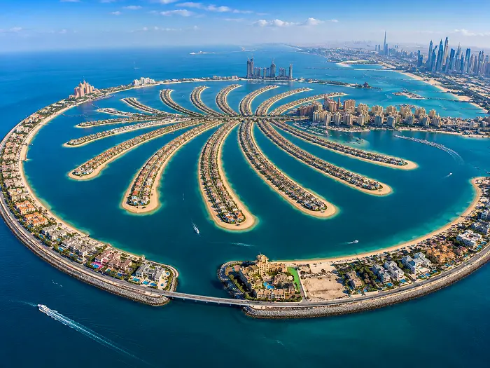 Aerial view of Palm Jumeirah island and its beachfront villas
