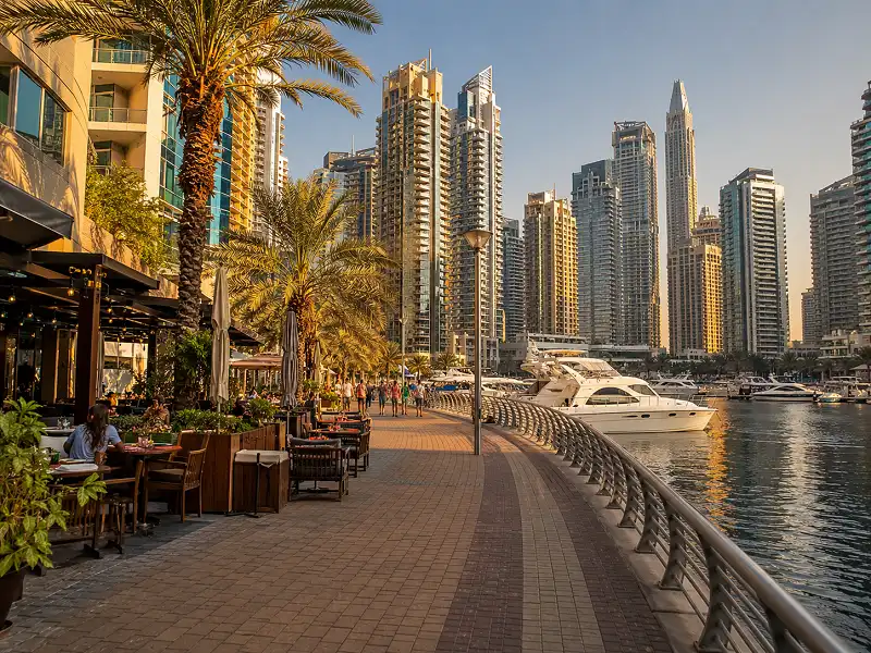 Marina Walk promenade lined with cafes and restaurants beside the water