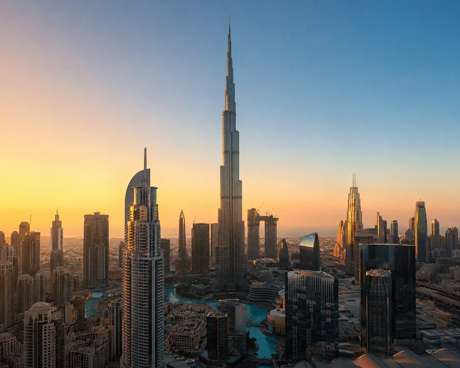 Downtown Dubai skyline with the Burj Khalifa at golden hour