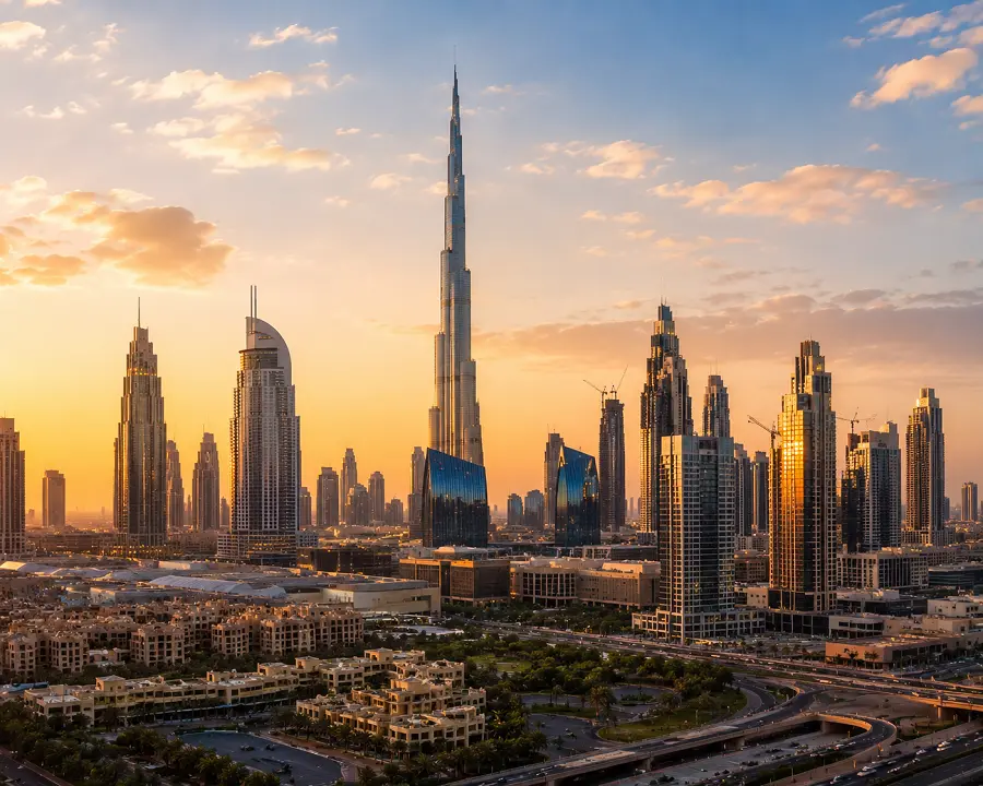 Dubai skyline at golden hour, home market of Capital Gain Real Estate