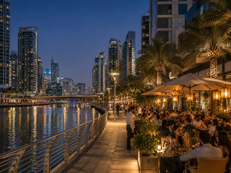 Waterfront dining and promenade along the canal in Business Bay
