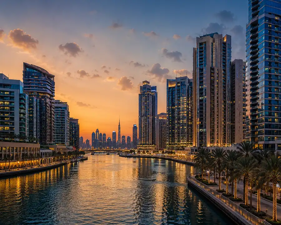 Business Bay towers along the Dubai Water Canal at dusk