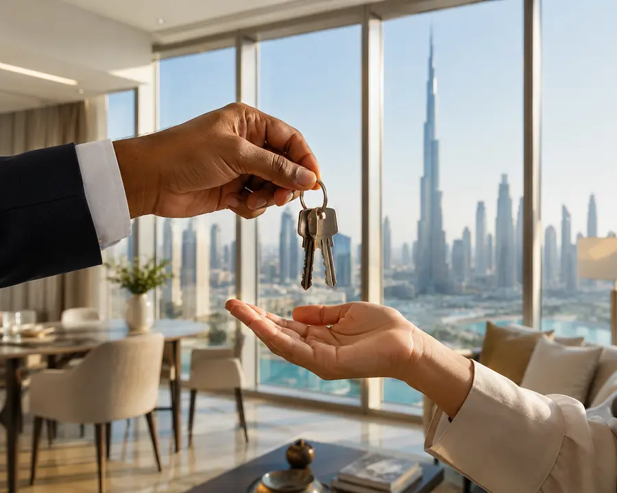 Handing over keys to a new Dubai apartment with the city skyline behind