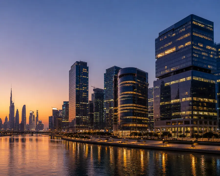 Business Bay office towers in Dubai at dusk