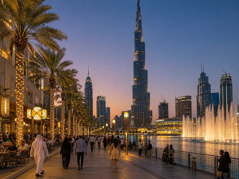 The Boulevard and Dubai Fountain in Downtown Dubai at dusk