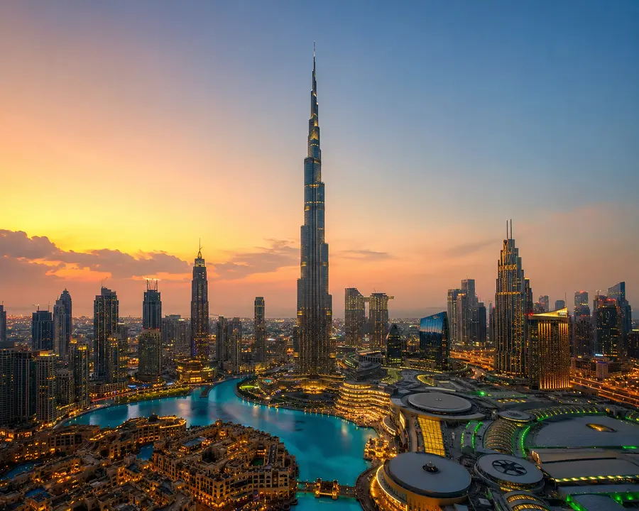Burj Khalifa and Downtown Dubai skyline at dusk
