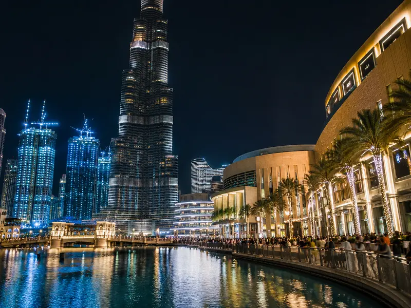 Dubai Mall and Downtown Dubai skyline lit at night