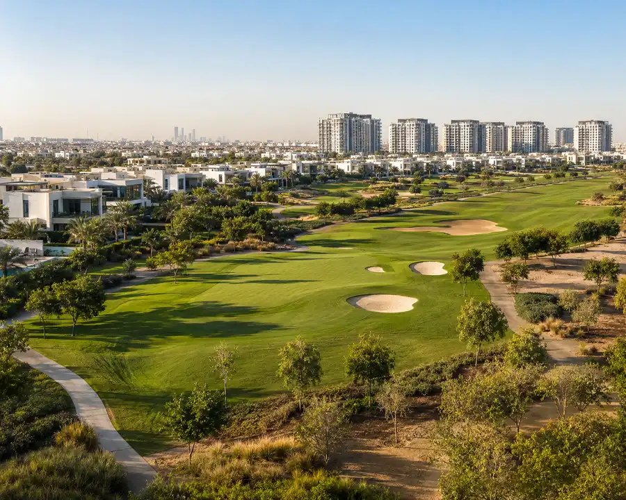 Dubai Hills Estate golf course and green parkland with villas