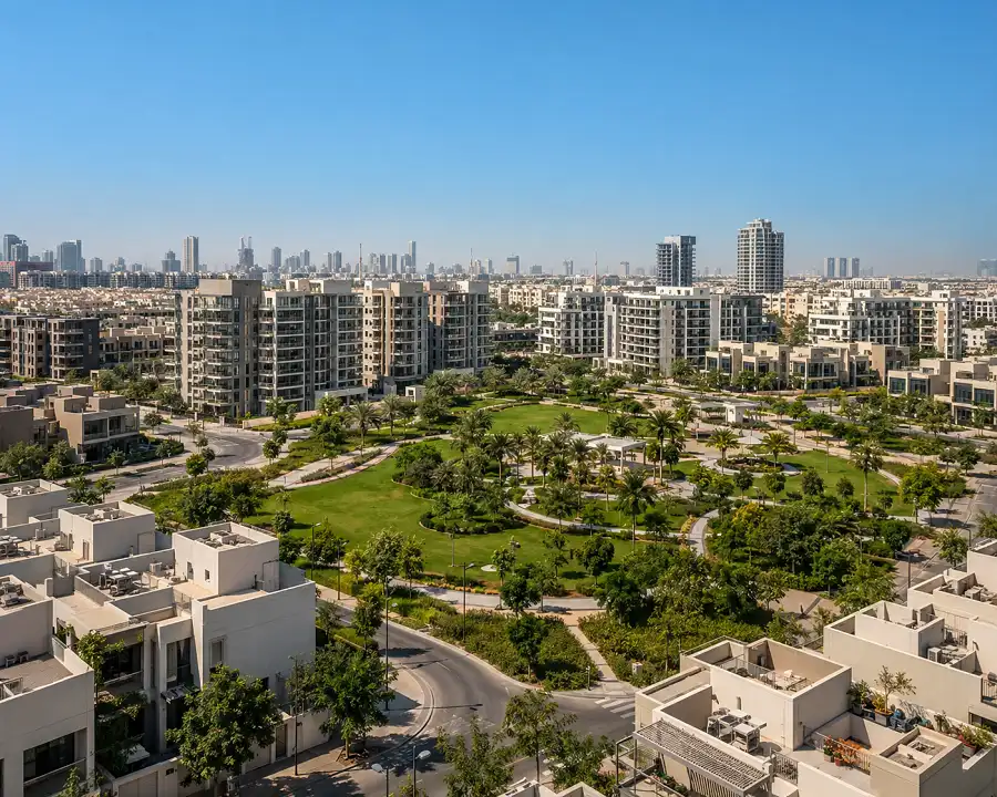 Jumeirah Village Circle residential buildings and landscaped park in Dubai