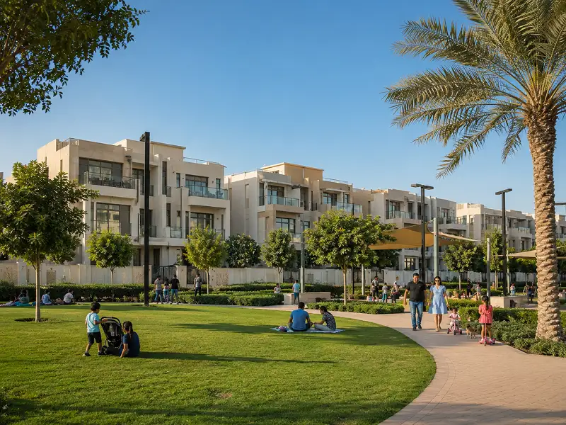 Landscaped park and townhouses in Jumeirah Village Circle