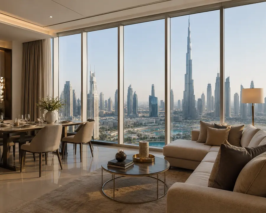 Bright modern Dubai apartment interior with skyline views, ready to sell